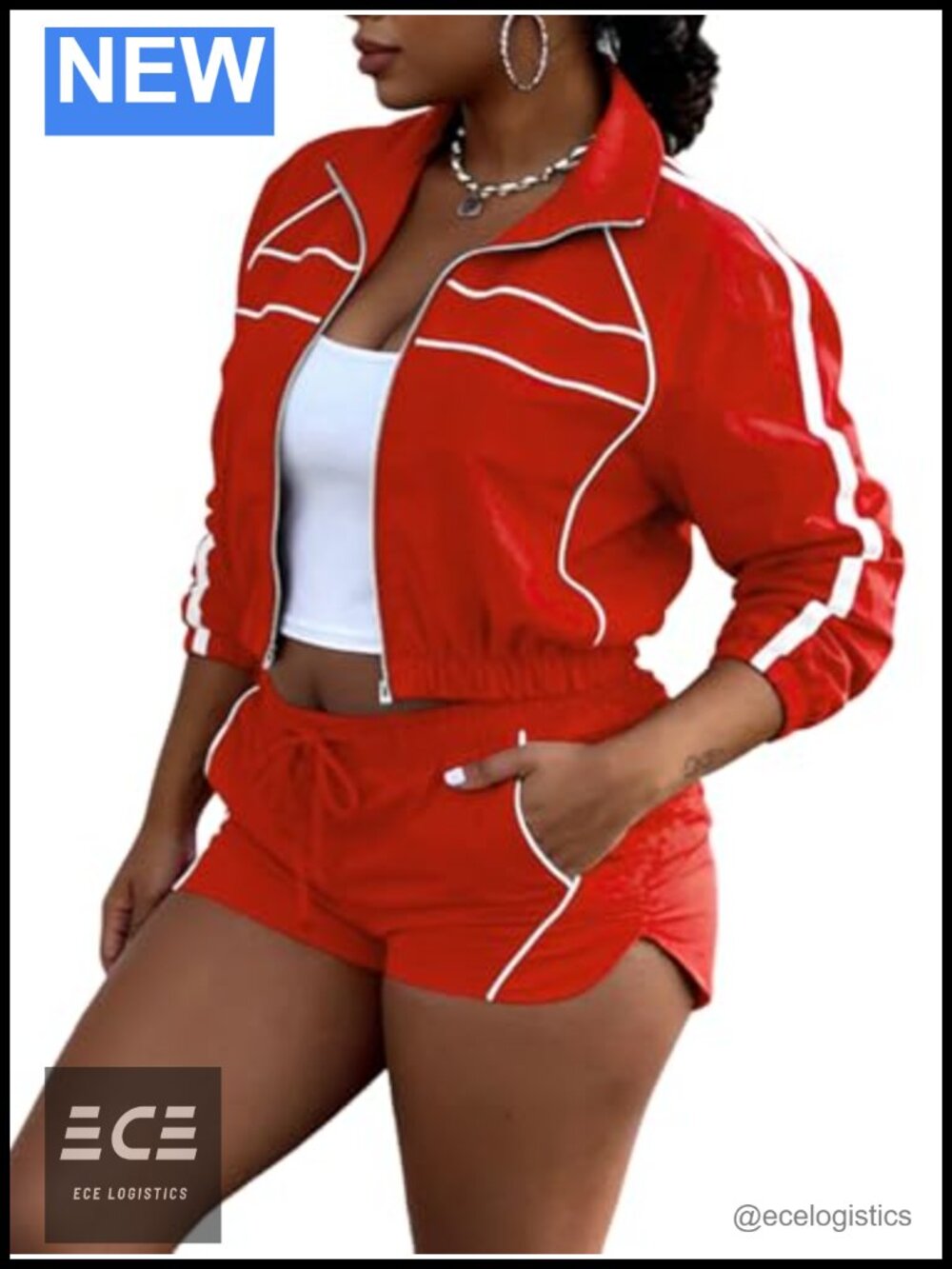 Women 2 Piece Tracksuit Set Zip Up Crop Jacket Biker Shorts